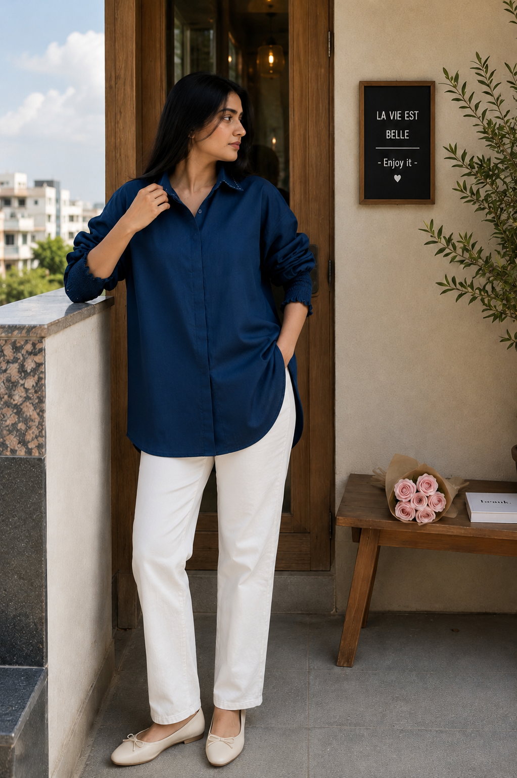 Smocked Cuffed Linen Shirt