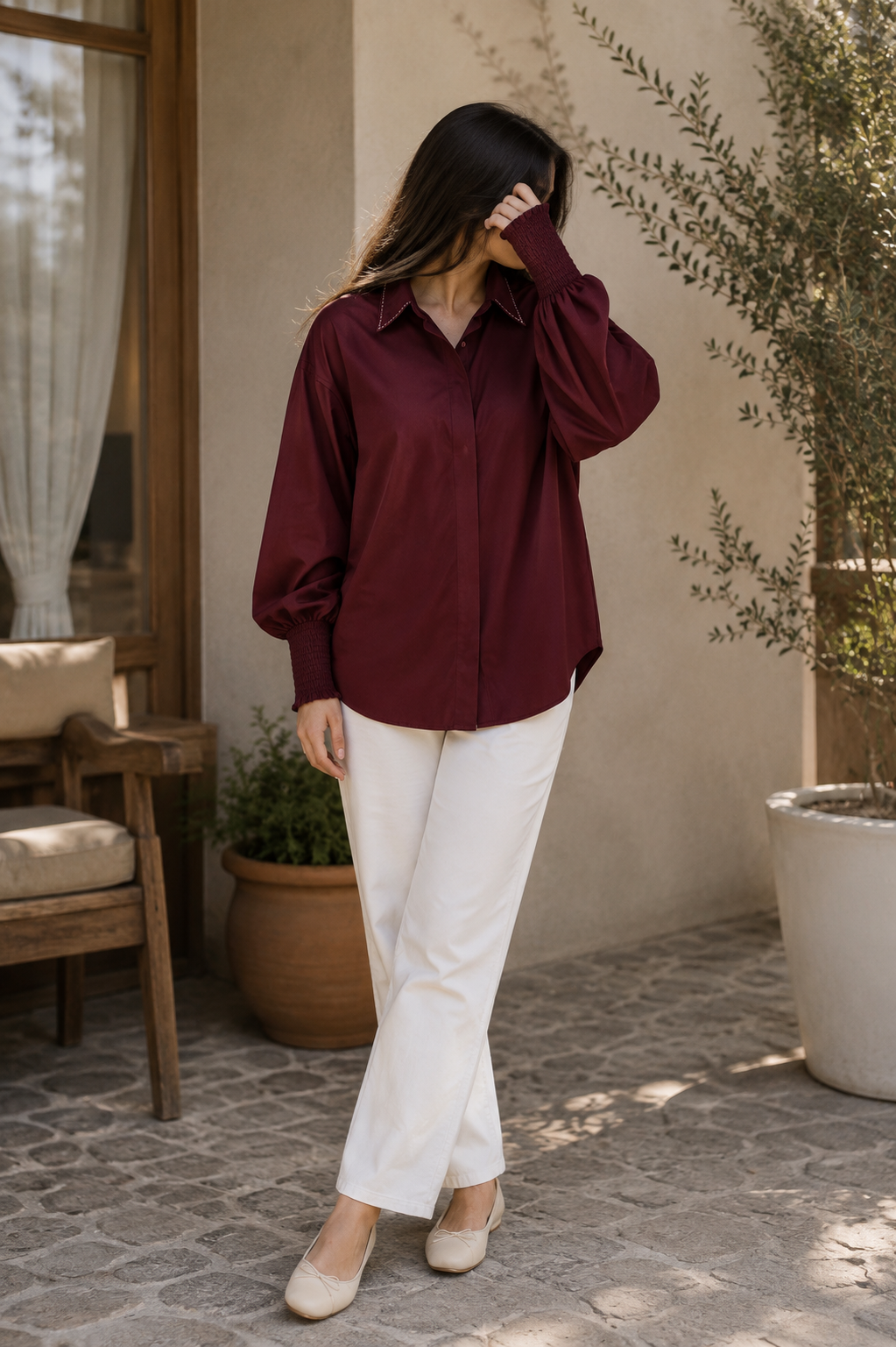 Smocked Cuffed Linen Shirt- Maroon