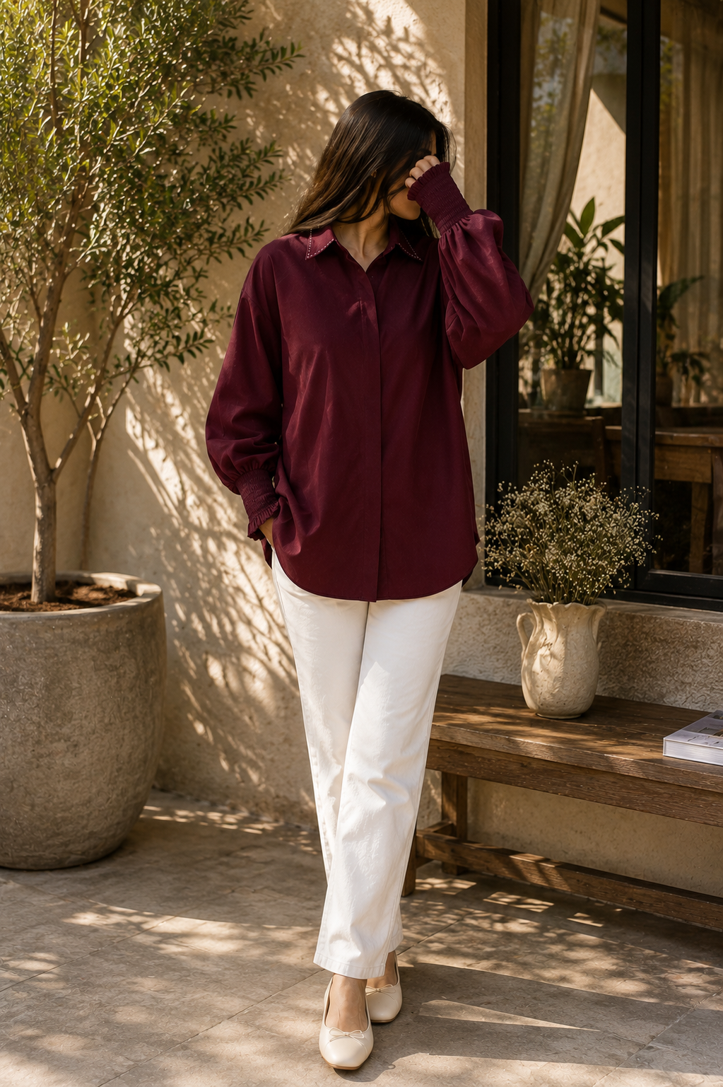 Smocked Cuffed Linen Shirt- Maroon