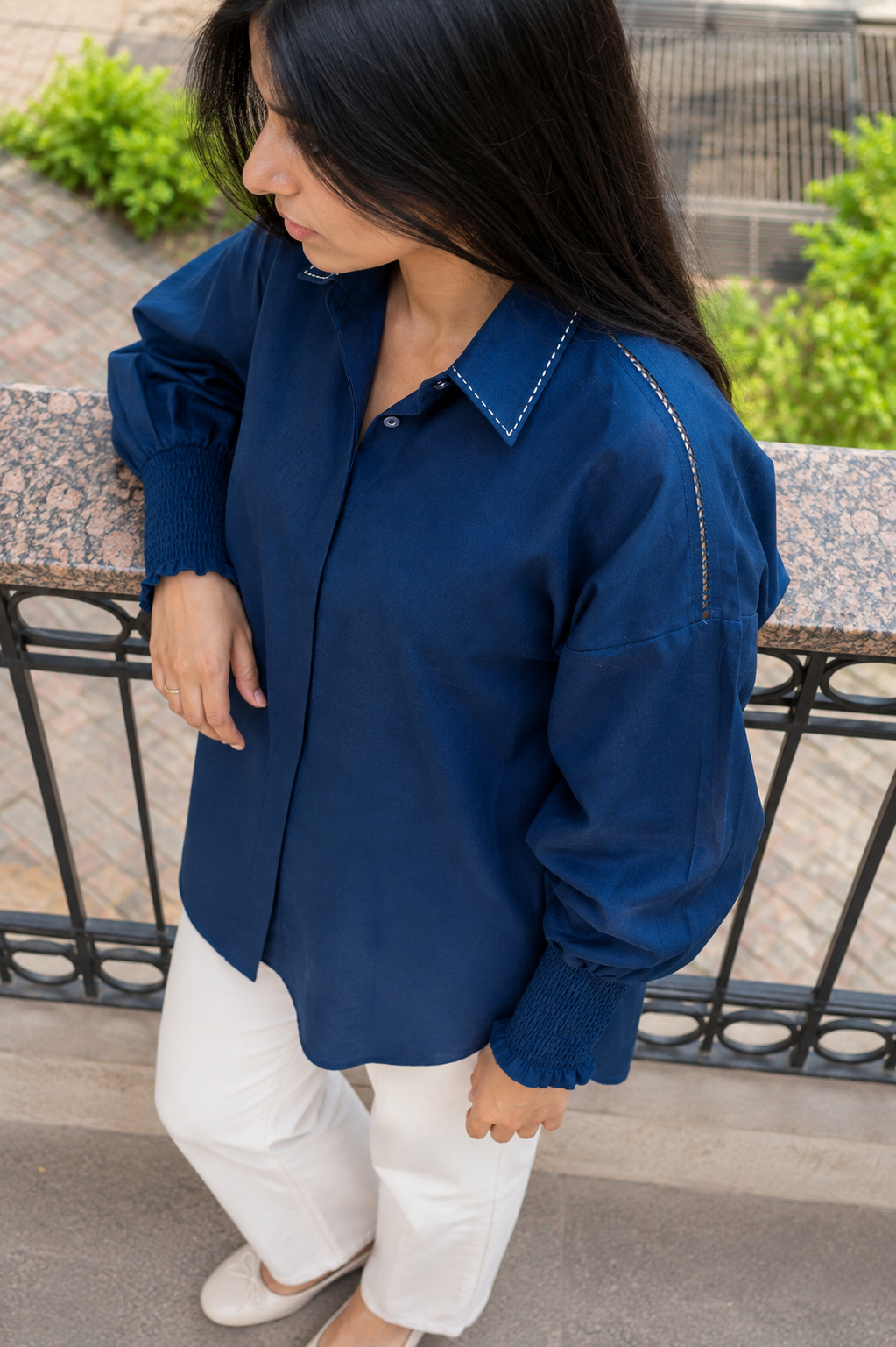 Smocked Cuffed Linen Shirt